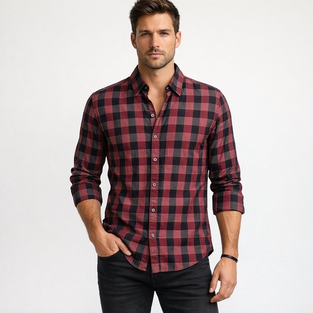 Hugo Boss Robbie Plaid Button Down Shirt Small Red Slim Fit Classic Work Office